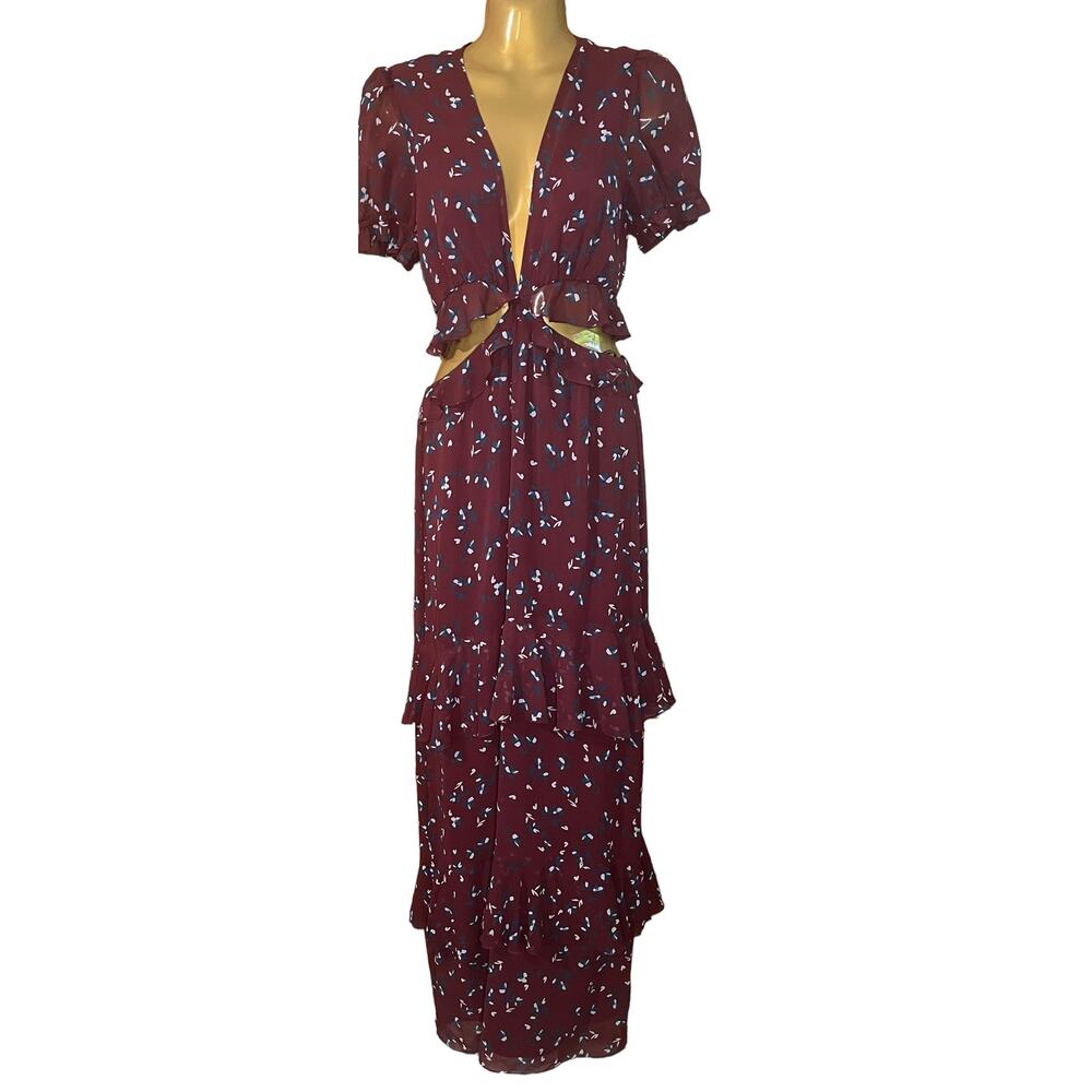 WAYF Sheer Wine Floral Maxi with Ruffles. Size Small
